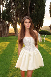 White Rhinestone Strapless Sleeveless Lace Corset Ruffled A-Line Mini Formal Dress