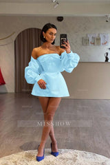 White Rhinestone Sweetheart Long Sleeve Fit and Flare Beaded Satin Mini Formal Dress