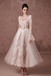 White Rhinestone Sweetheart Long Sleeve Lace A-Line Pearl Beaded Tea Length Formal Dress