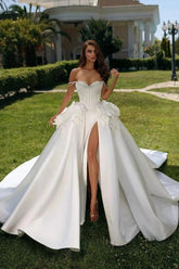 White sweetheart front-split ball gown wedding dress