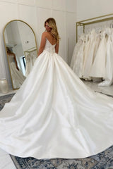 White Satin Ball Gown Wedding Dress Spaghetti Straps Sweetheart Illusion Lace Corset Pearl Beading Bridal Gown with Train