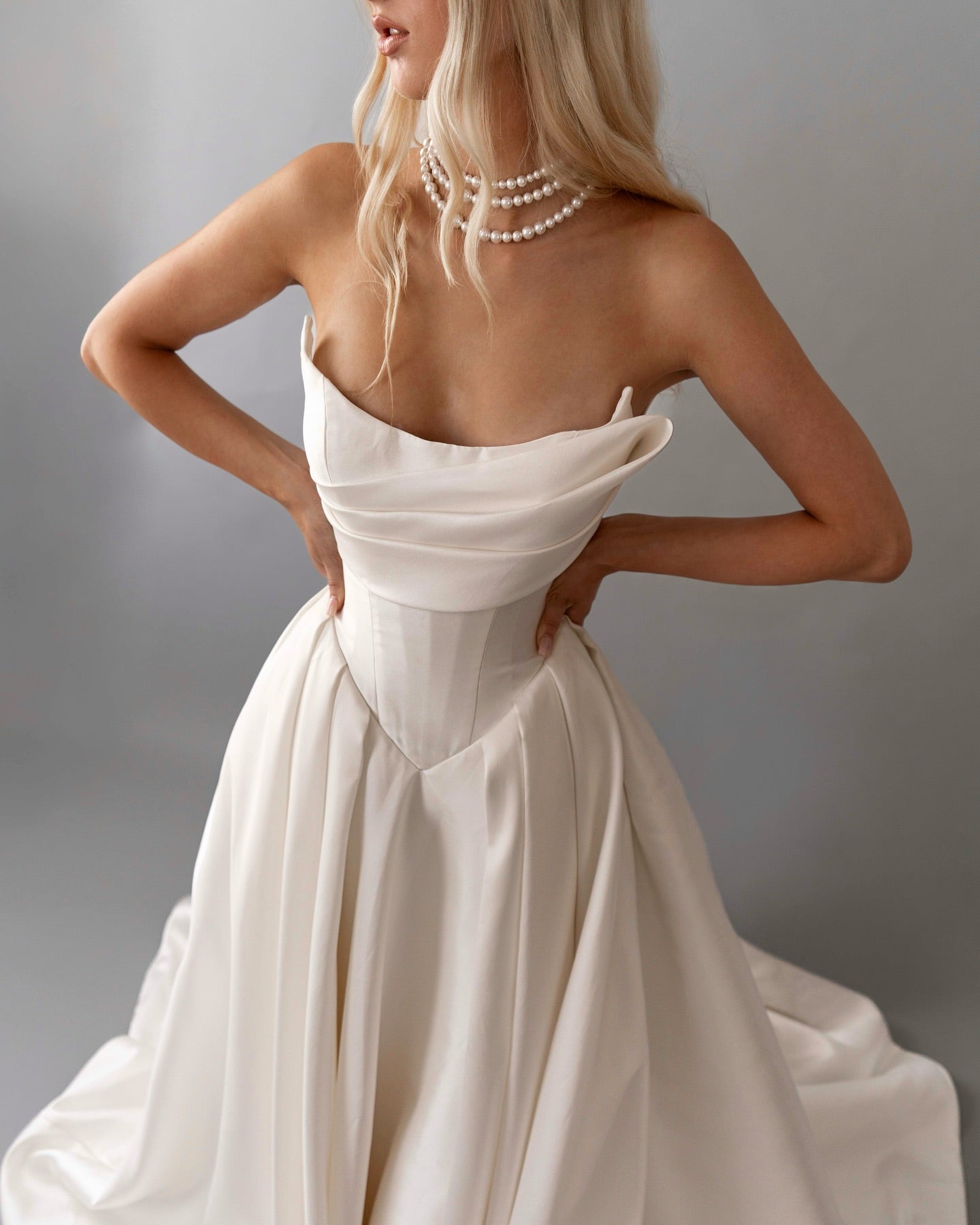 White Satin Ball Gown Wedding Dress Strapless Sleeveless Corset Bodice Cathedral Train Bridal Gown