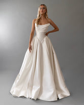 White Satin Ball Gown Wedding Dress Strapless Sleeveless Corset Bodice Cathedral Train Bridal Gown