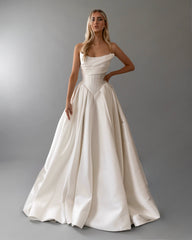 White Satin Ball Gown Wedding Dress Strapless Sleeveless Corset Bodice Cathedral Train Bridal Gown