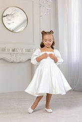 White Satin Flower Girl Dress Square Neck Puff Sleeves Pearl Chain A-Line Tea Length