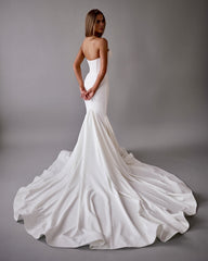 White Satin Mermaid Wedding Dress Sweetheart Sleeveless Corset Bodice Open Back Cathedral Train Bridal Gown