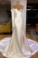 White Satin One Shoulder Long Mermaid Prom Evening Dresses