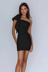 White Satin One Shoulder Ruched Short Tight Graduation Dress with Bow