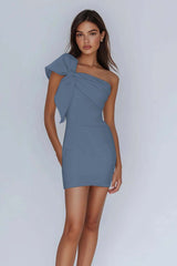 White Satin One Shoulder Ruched Short Tight Graduation Dress with Bow