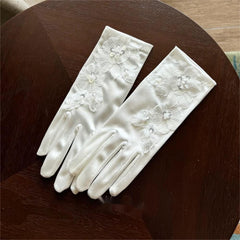 White Satin Wedding Gloves with Lace