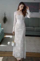 White Scoop Long Sleeve Lace Appliques Ruched Detachable Bolero Floor Formal Evening Dress