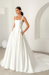 White Scoop Sleeveless Ball Gown Satin Buttoned Floor Length Formal Evening Dress