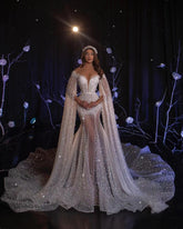 White Sequined V-Neck Sleeveless Mermaid Rhinestone Beaded Tulle Cape Formal Evening Gown