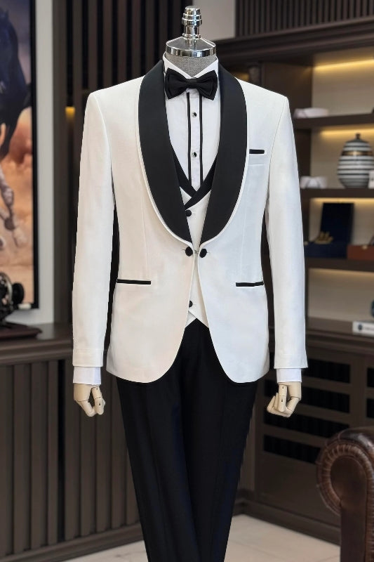 White Shawl Collar Three-Piece Wedding Suit for Men