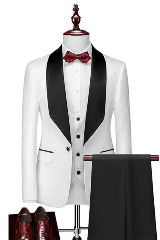 White Shawl Lapel Fitted Three-Piece Suit for Men's Wedding