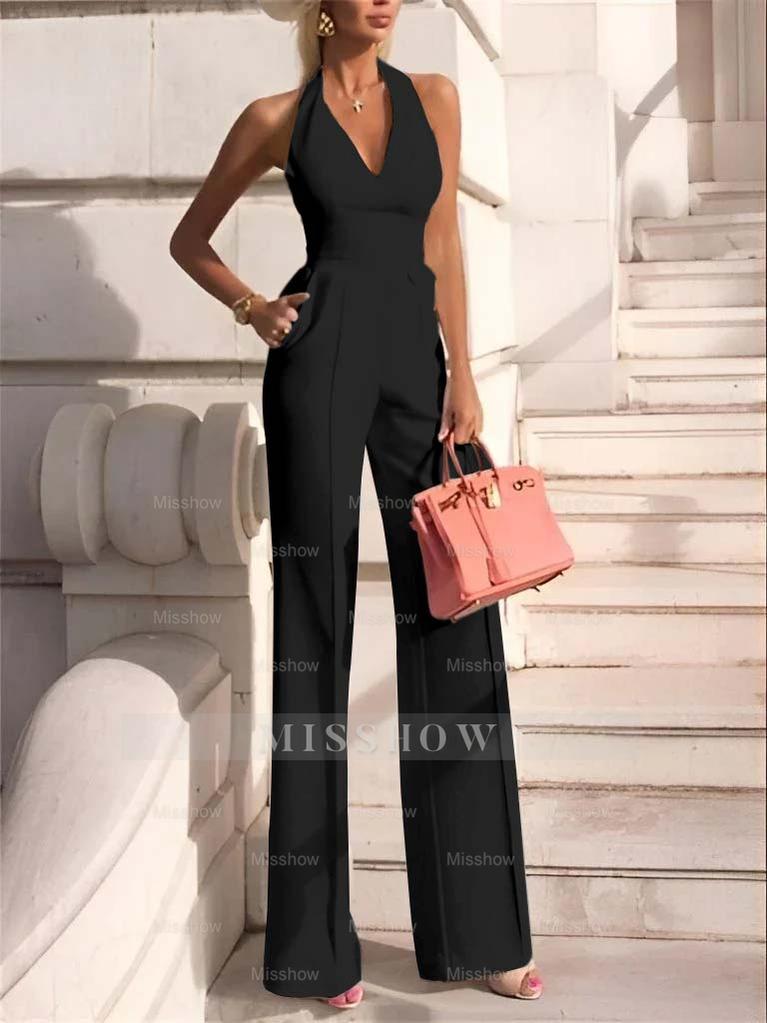 White Slim Fit Halter V-Neck Jumpsuit High-Waist Daily Women's Jump Suit
