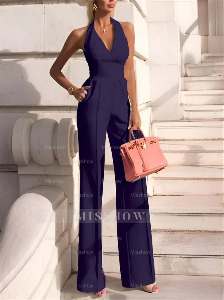 White Slim Fit Halter V-Neck Jumpsuit High-Waist Daily Women's Jump Suit