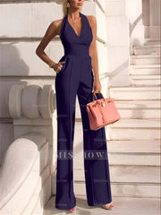 White Slim Fit Halter V-Neck Jumpsuit High-Waist Daily Women's Jump Suit