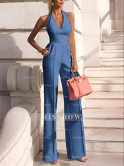 White Slim Fit Halter V-Neck Jumpsuit High-Waist Daily Women's Jump Suit