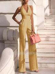 White Slim Fit Halter V-Neck Jumpsuit High-Waist Daily Women's Jump Suit