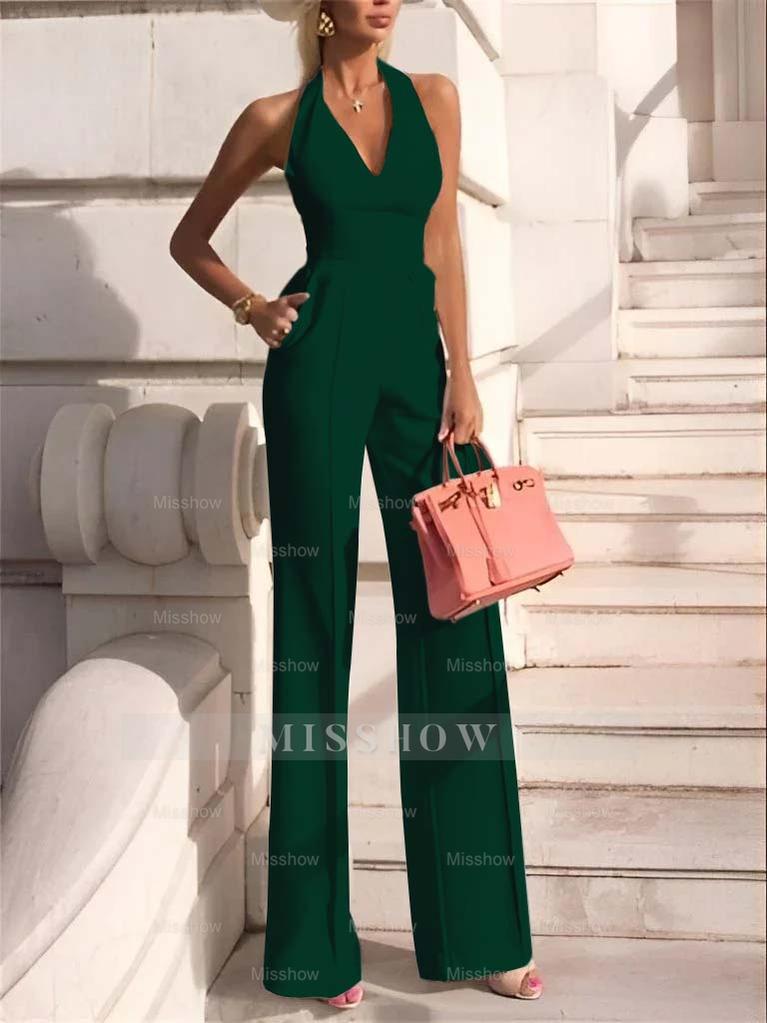 White Slim Fit Halter V-Neck Jumpsuit High-Waist Daily Women's Jump Suit