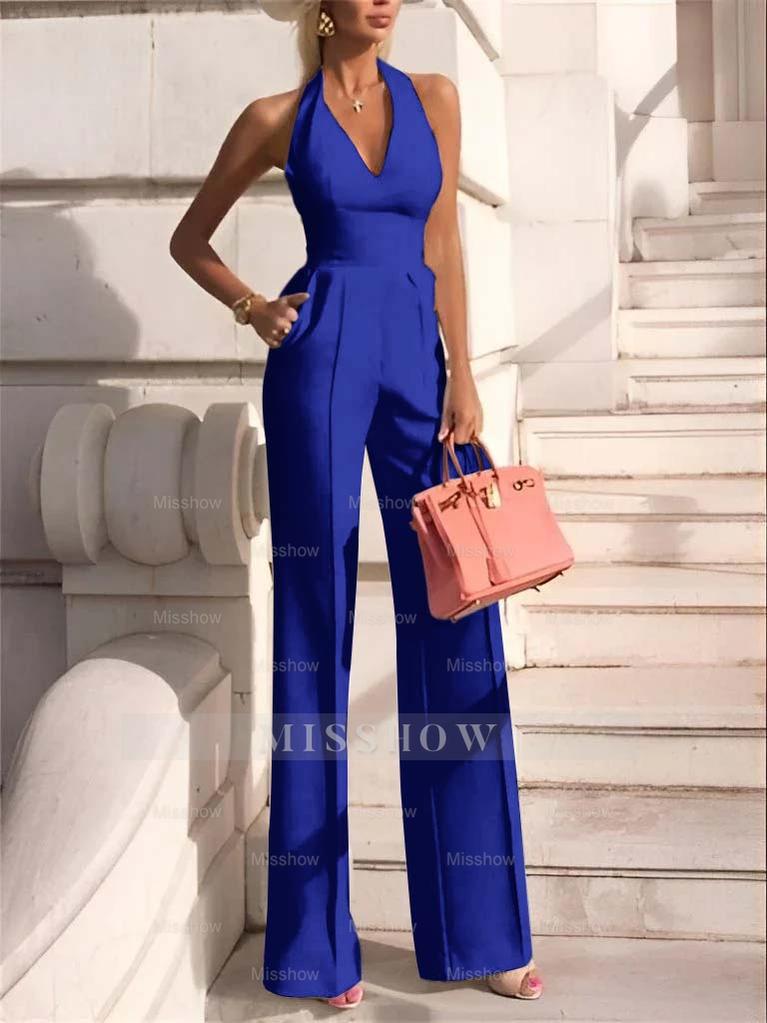 White Slim Fit Halter V-Neck Jumpsuit High-Waist Daily Women's Jump Suit