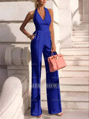 White Slim Fit Halter V-Neck Jumpsuit High-Waist Daily Women's Jump Suit