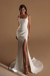 White Square Neck Sleeveless Mermaid Satin Ruched Slit Floor Length Formal Evening Dress