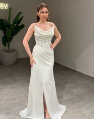 White Strapless Long Mermaid Evening Dress Beaded Corset Draped Open Back High Slit