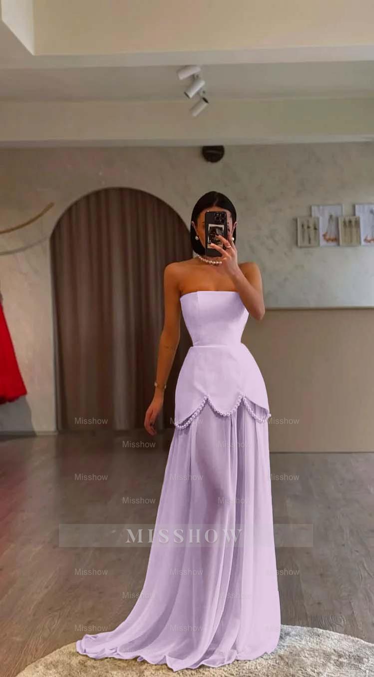White Strapless Sleeveless Long Formal Dress With Pleated Beading
