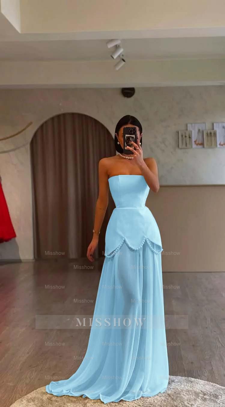 White Strapless Sleeveless Long Formal Dress With Pleated Beading
