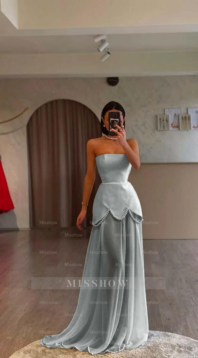 White Strapless Sleeveless Long Formal Dress With Pleated Beading