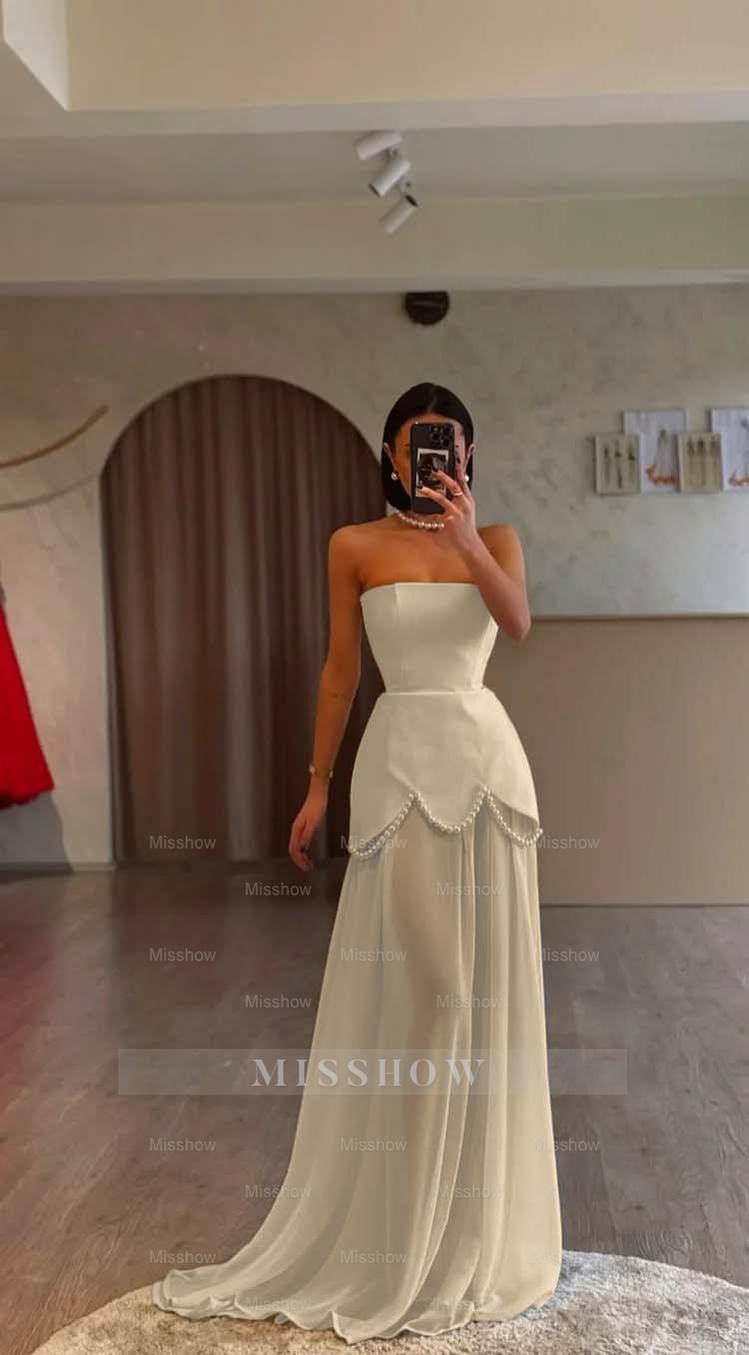 White Strapless Sleeveless Long Formal Dress With Pleated Beading