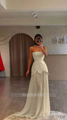 White Strapless Sleeveless Long Formal Dress With Pleated Beading