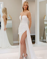 White Strapless Sweetheart Corset Ruching Mermaid Satin High Slit Formal Evening Gown