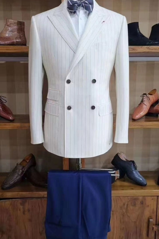 White Striped Peaked Lapel Double Breasted Prom Outfit With Blue Trousers