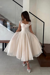 White Sweetheart Cap Sleeve Corset A-Line Pleated Organza Tea Length Formal Dress