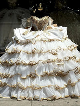 White Sweetheart Sleeveless Gold Beaded Ruffles Appliques Bow Ball Gown Quinceanera Dress