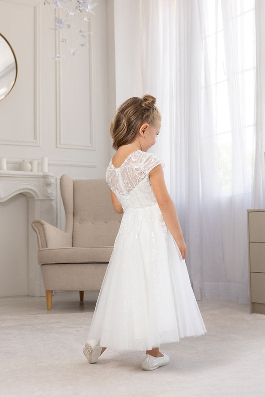 White Tulle Flower Girl Dress V-Neck Sheer Cap Sleeves Pearl Crystal Beading A-Line Tea Length