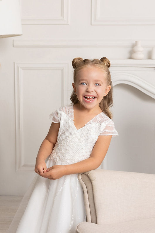 White Tulle Flower Girl Dress V-Neck Sheer Cap Sleeves Pearl Crystal Beading A-Line Tea Length