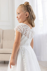 White Tulle Flower Girl Dress V-Neck Sheer Cap Sleeves Pearl Crystal Beading A-Line Tea Length