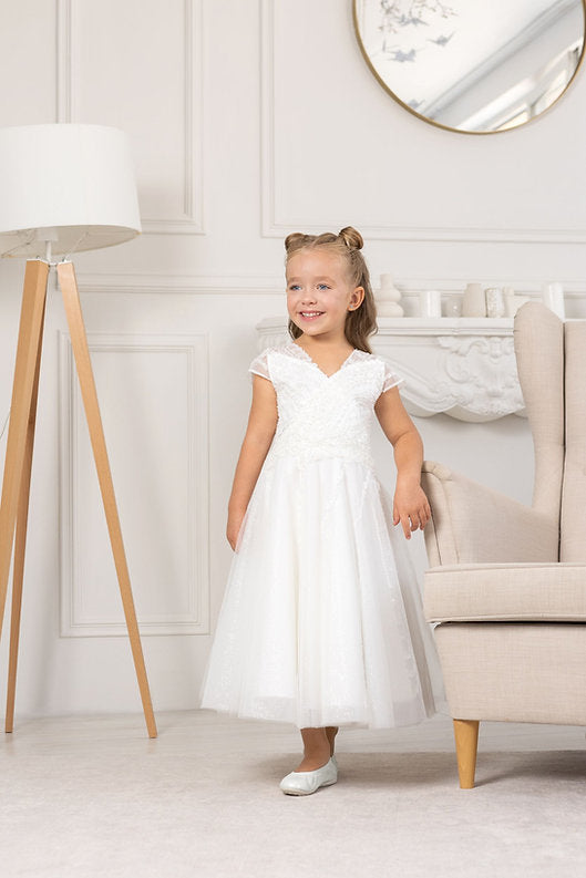White Tulle Flower Girl Dress V-Neck Sheer Cap Sleeves Pearl Crystal Beading A-Line Tea Length