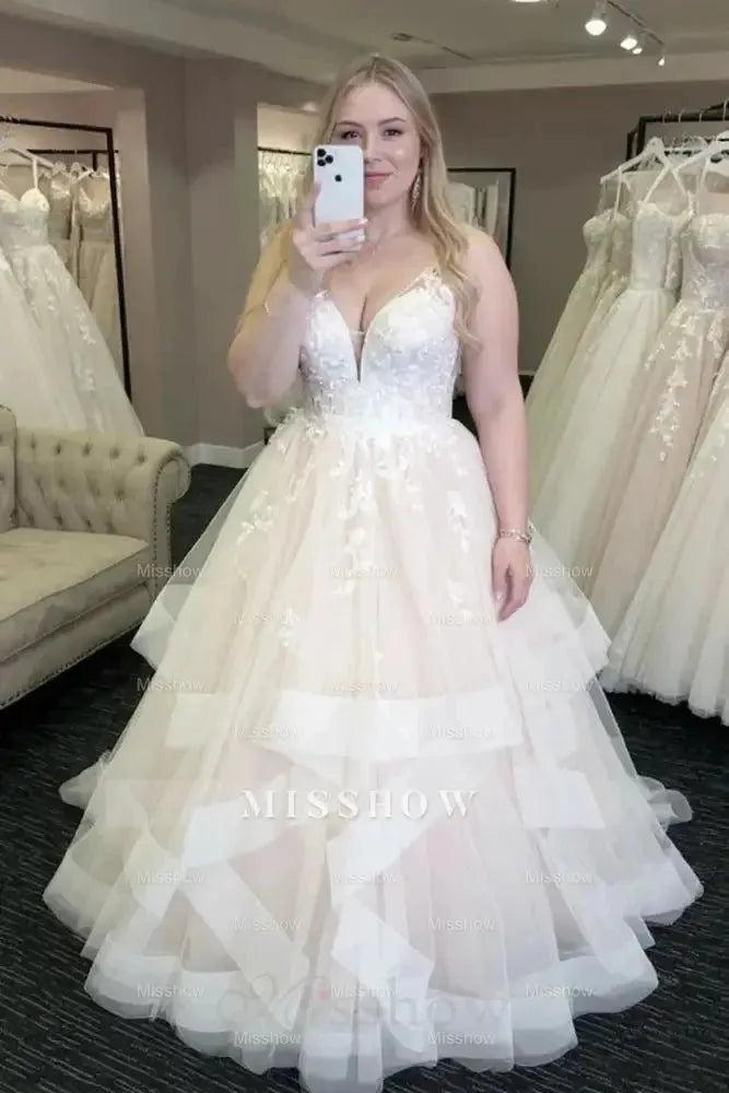 White Tulle V Neck Open Back Long Layered Wedding Dress