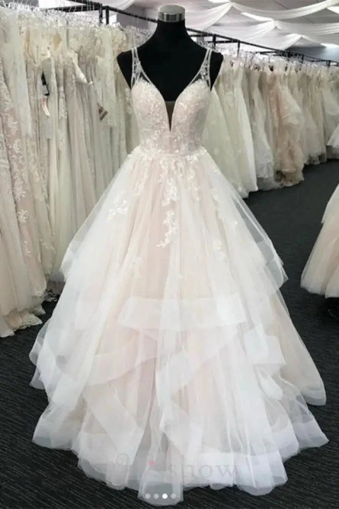 White Tulle V Neck Open Back Long Layered Wedding Dress