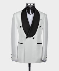 White Two-Piece Double-Breasted Wedding Suit with Black Shawl Collar