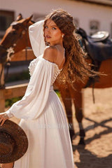 White V-Neck Long Sleeve Lace Applique Corset A-Line Floor Length Formal Evening Dress