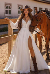 White V-Neck Long Sleeve Lace Applique Corset A-Line Floor Length Formal Evening Dress