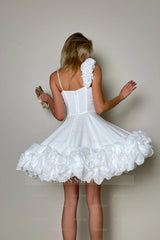White V-Neck Sleeveless A-Line Satin Mini Formal Dress With Ruffles & 3D Flowers