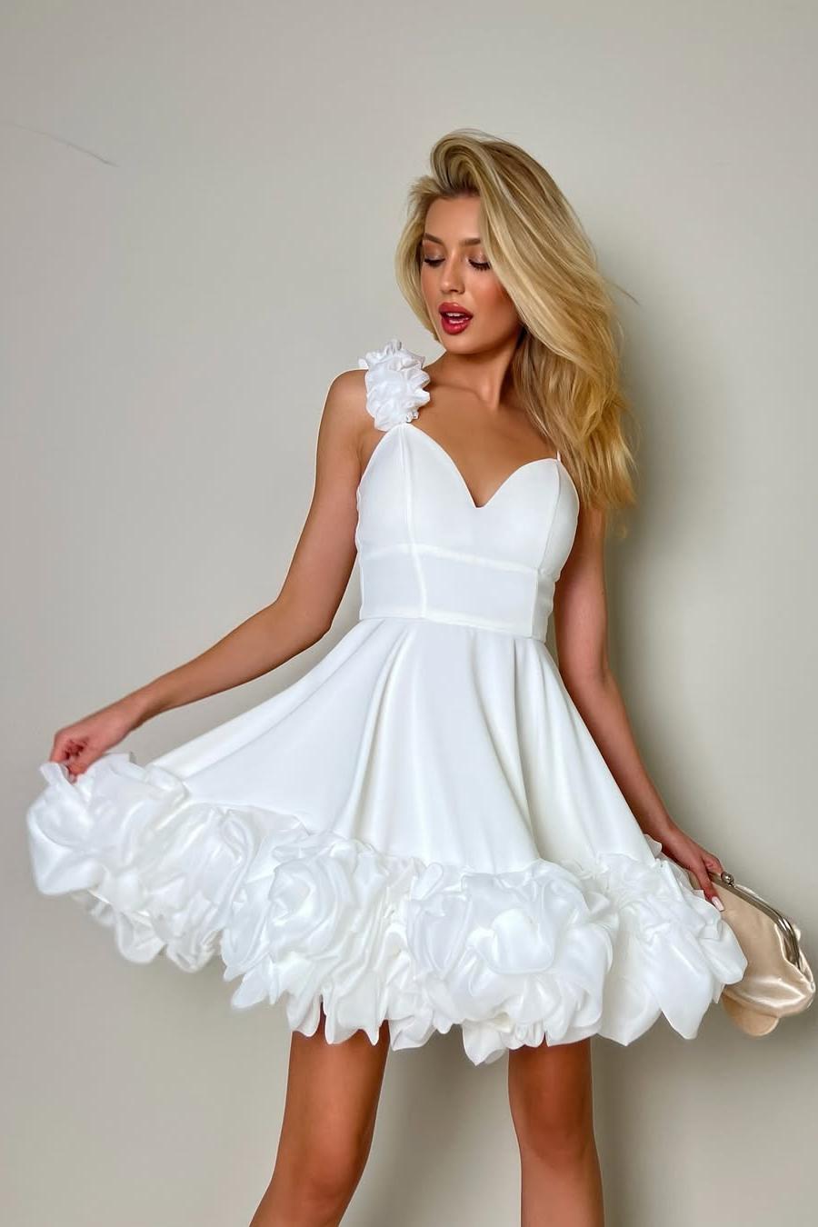 White V-Neck Sleeveless A-Line Satin Mini Formal Dress With Ruffles & 3D Flowers