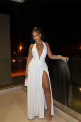 Black v-neck ruched fit-and-flare evening dress